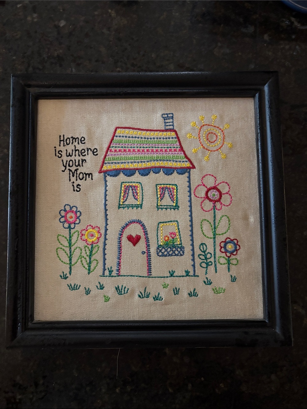 Embroidered 'Home is where your Mom is' Framed Art